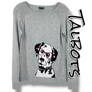 Talbots Petite S Dalmatian Dog Intarsia Sweater Gray Red Glasses Dogcore Whimsy